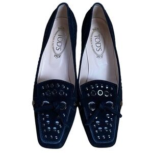 TOD’s Billie Studs & Lace Black Suede Kitten Heel Loafers